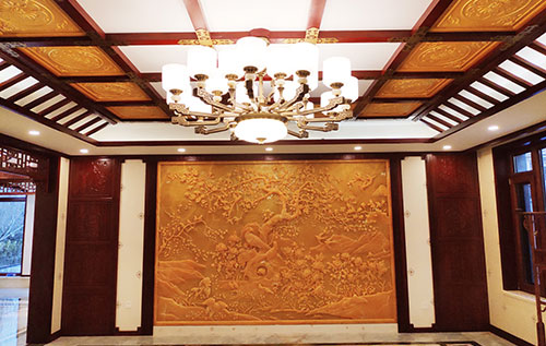 濠江中式别墅客厅中式木作横梁吊顶装饰展示